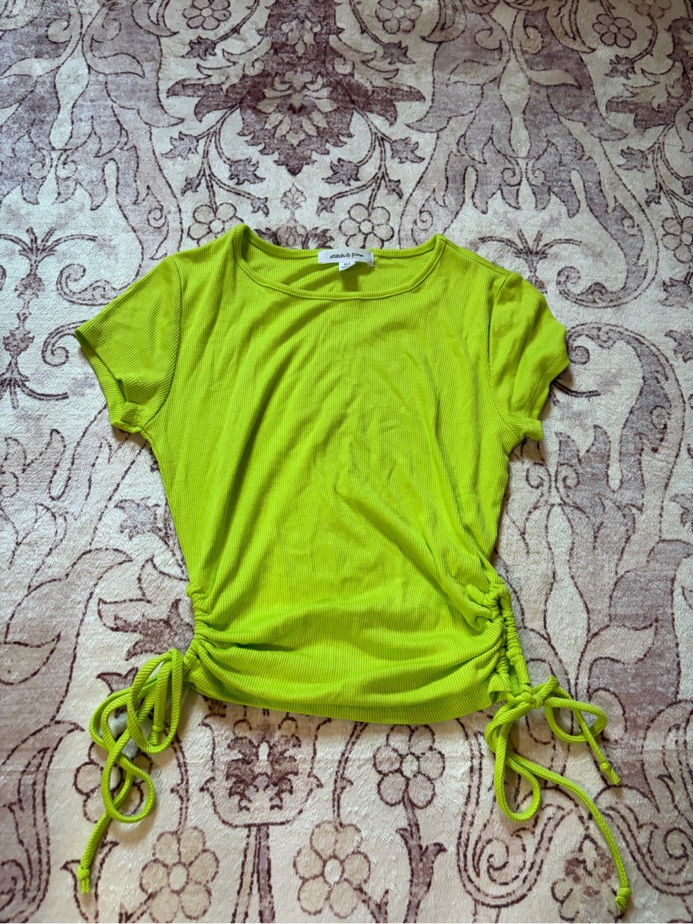 Stitch & Pine Lime Green Ruched Side Tie Ribbed Top